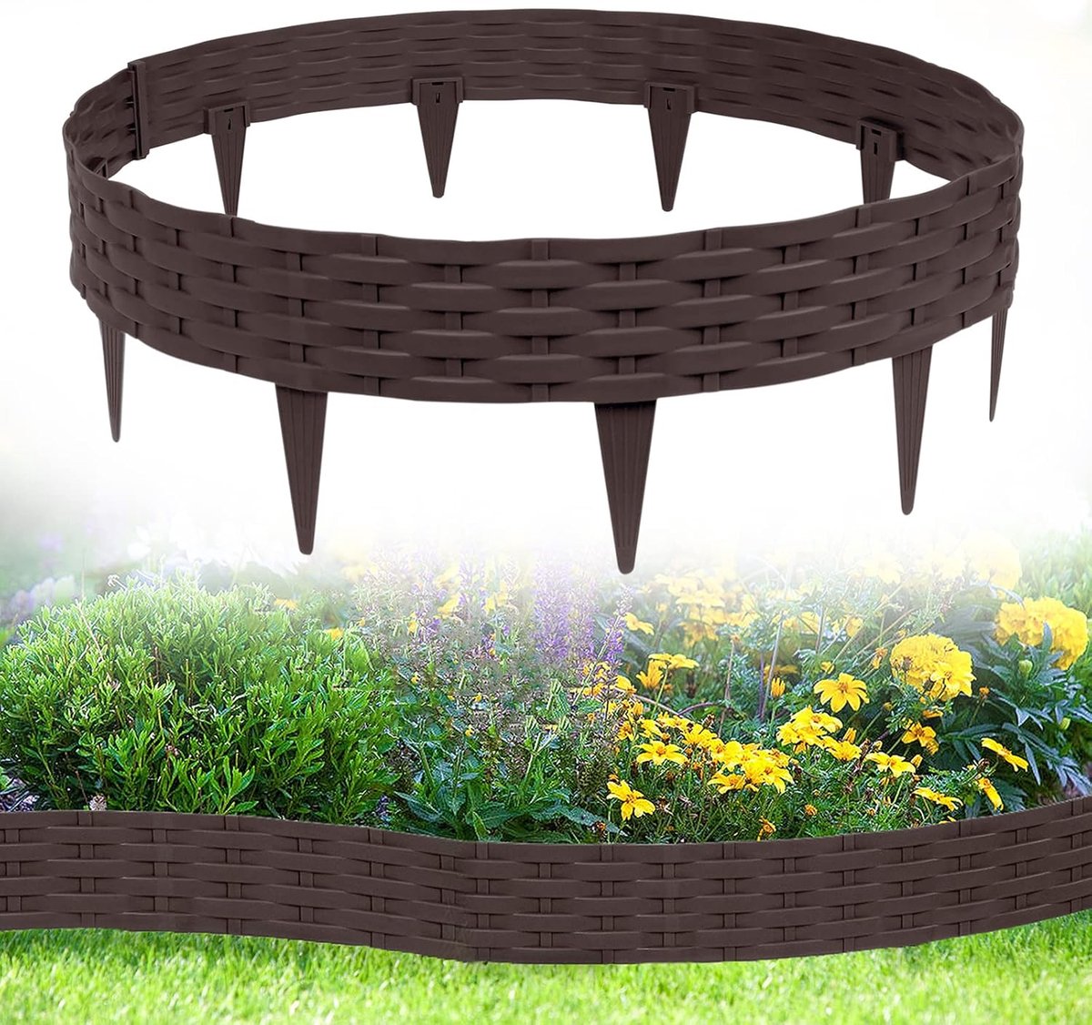 Kunststof rotan ronde bloembedomranding 20m palissade met 20 elementen á 100 cm (bruin)