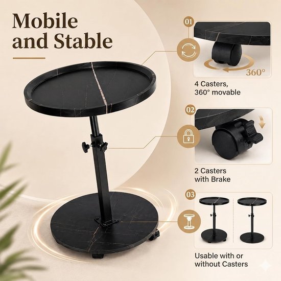 Bijzettafel, rond, met wieltjes, in hoogte verstelbaar (45-80 cm), ronde houten bijzettafels, 360° draaibaar, walnoothouten afwerking, kleine salontafel voor woonkamer, bank, zwart — afbeelding 3