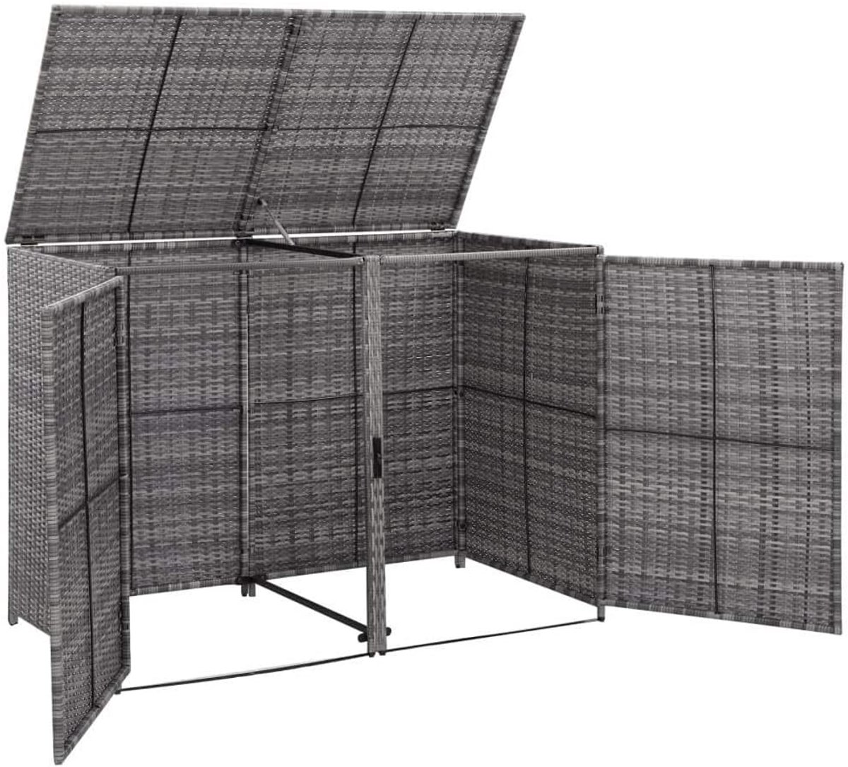 Containerberging, 148 x 77 x 111 cm, met 2 grote deuren, sluitsysteem voor 2 containers, gereedschapsbox, PE-rotan en gepoedercoat stalen frame, antraciet