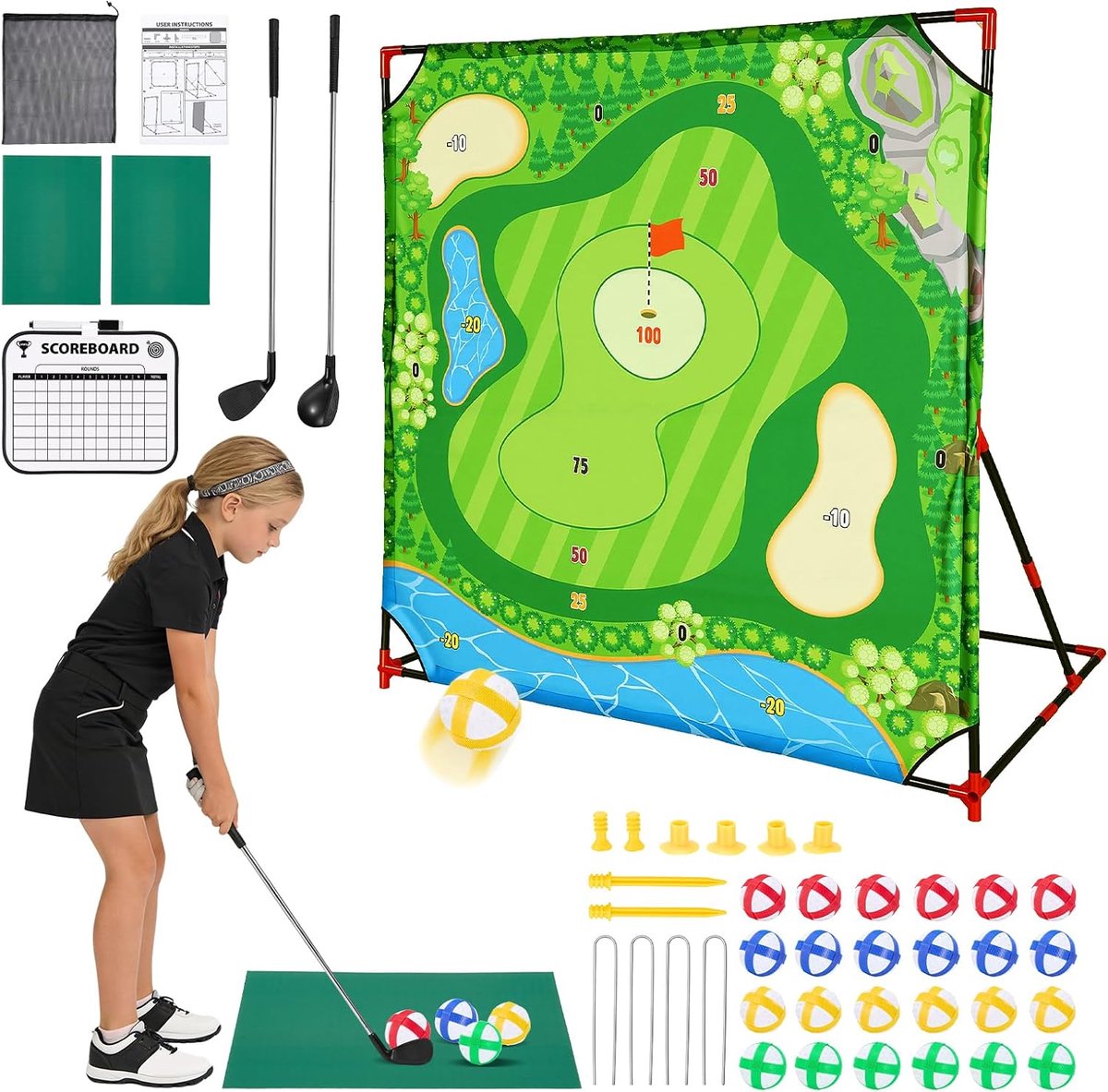Golf speelset met slagmat, doelwand, 24 ballen, tas
