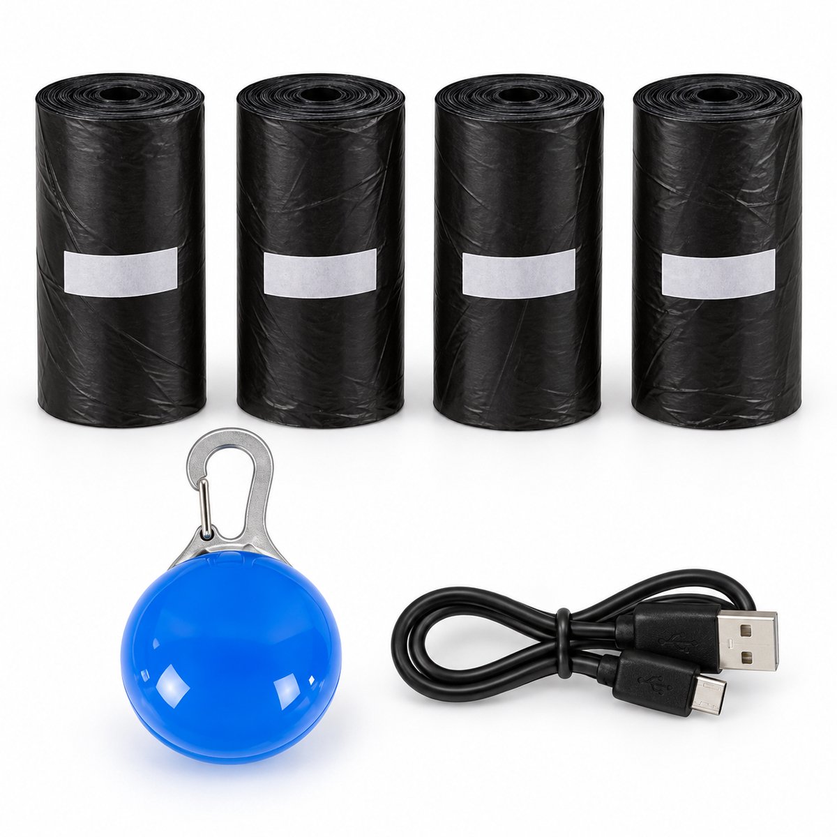 Professor Q Wandelset Hond - USB-Oplaadbaar LED-Lampje Blauw met Snoer - 80 Poepzakjes op 4 Rollen