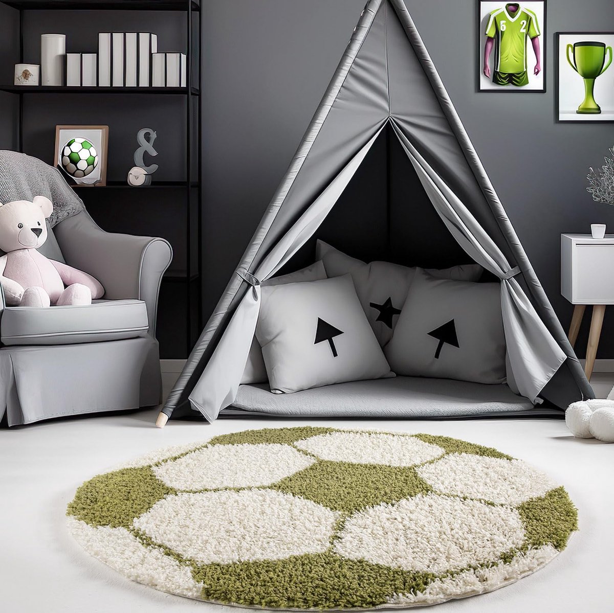 Vloerkleed, Kleur Groente, voetbal ontwerp, 12328, Vloerkleed Rond, Vloerkleed kinderkamer babykamer, 120 cm Rond