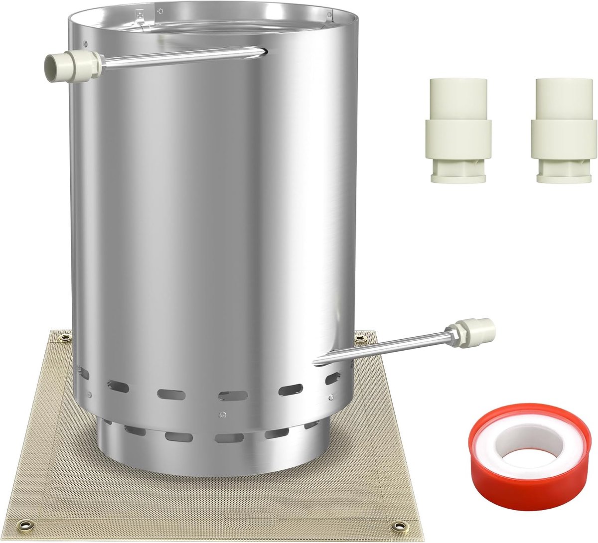Zwembadverwarming, roestvrij staal, vuurton met verwarmingsspiraal, diameter 32/38 mm, 2-in-1 aansluiting, verwarmbare zwembadverwarming, outdoor, houtkachel met brandwerende mat en restas