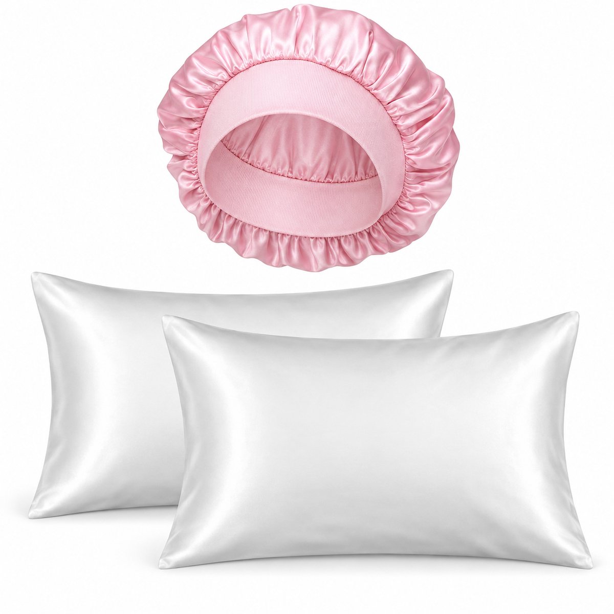 Professor Q Slaapset - 2 Satijnen Kussenslopen Wit 60 x 70 cm - Satijnen Bonnet Roze