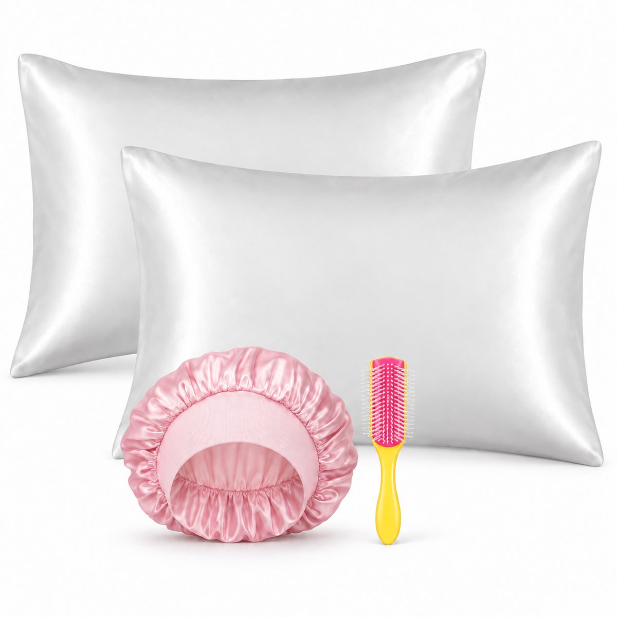Professor Q Haar- en Slaapset - Bonnet Roze - Stylingborstel Fusion Pink - 2 Witte Kussenslopen 60 x 70 cm