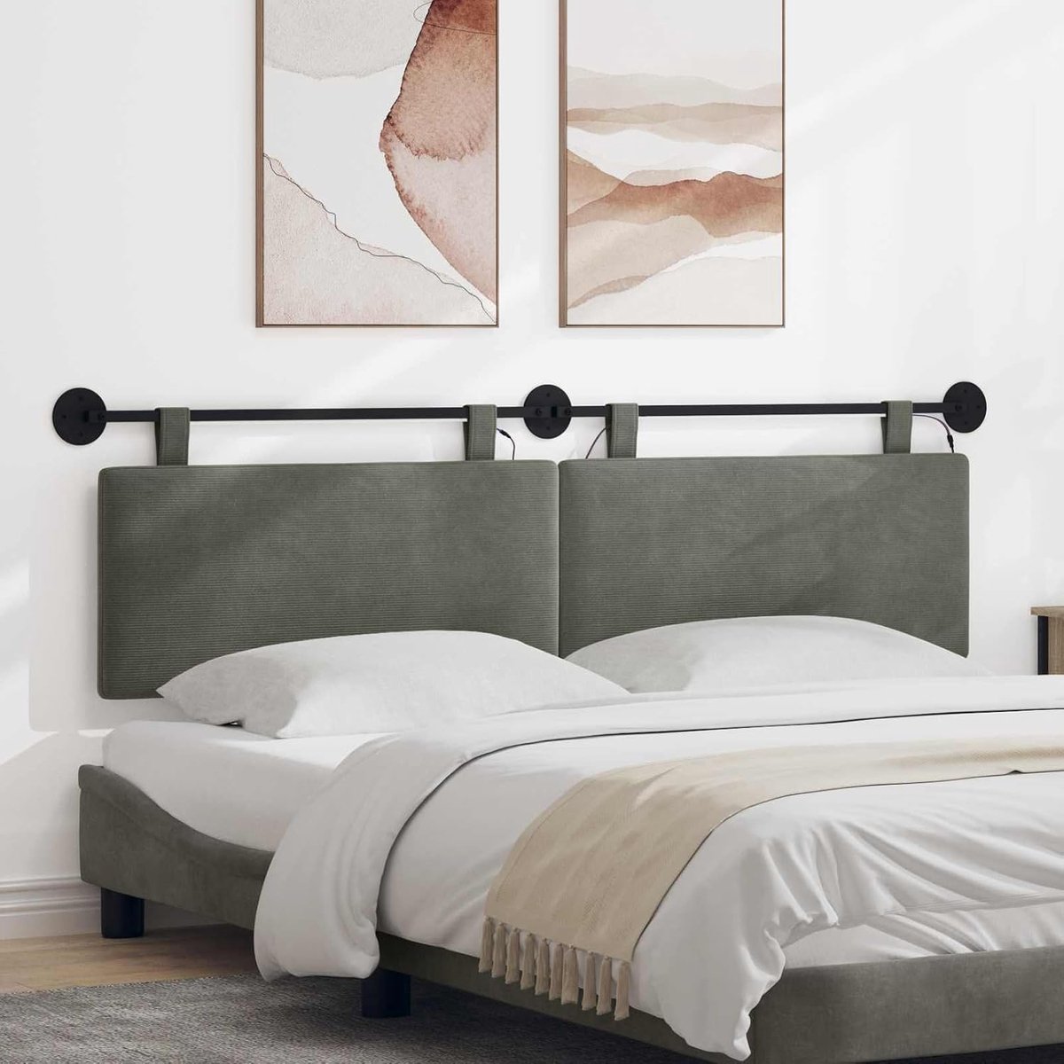 Hangend hoofdeinde met LED-licht lichtgrijs corduroy stof bedhoofdeinde rugleuning voor woonresidentie slaapkamer 3424317