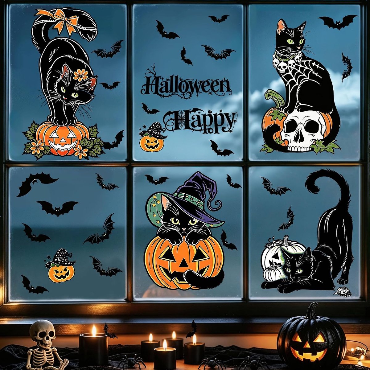 Raamsticker kat zwart pompoen glas decoratie