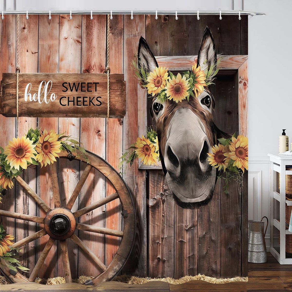 Donkey douchegordijn, grappige ezel zonnebloem vintage rustiek westers hout waterdicht badgordijn polyester textiel wasbare douchegordijnen voor bad met 12 haken