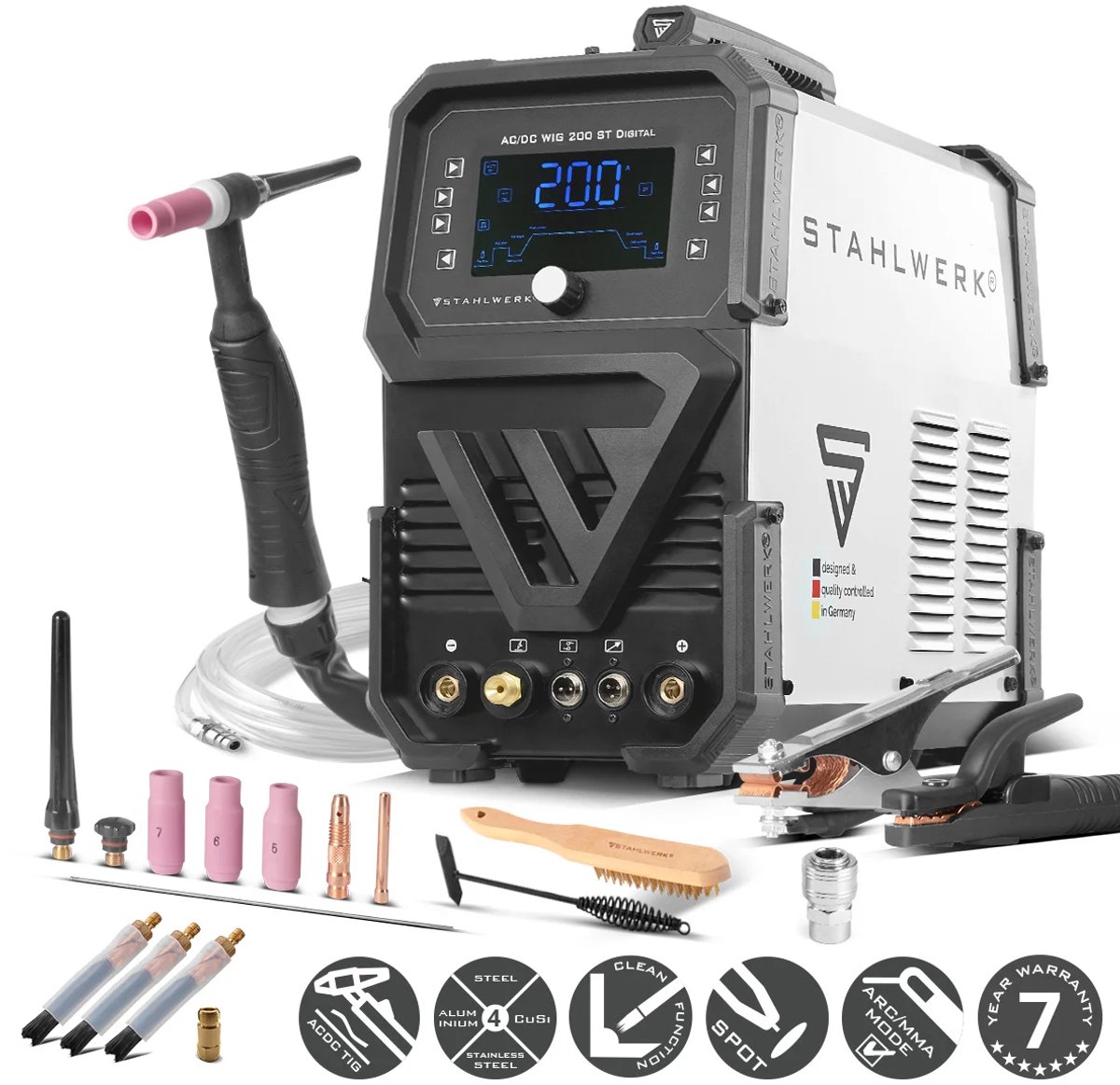 STAHLWERK AC/DC TIG 200 ST Digitaal lasapparaat | 3-in1 combinatielasapparaat | Puntfunctie | Geïntegreerde schoonloopfunctie | Aluminiumcompatibele TIG/MMA inverter met 200 A | Afstandsbediening | Digitaal bedieningspaneel