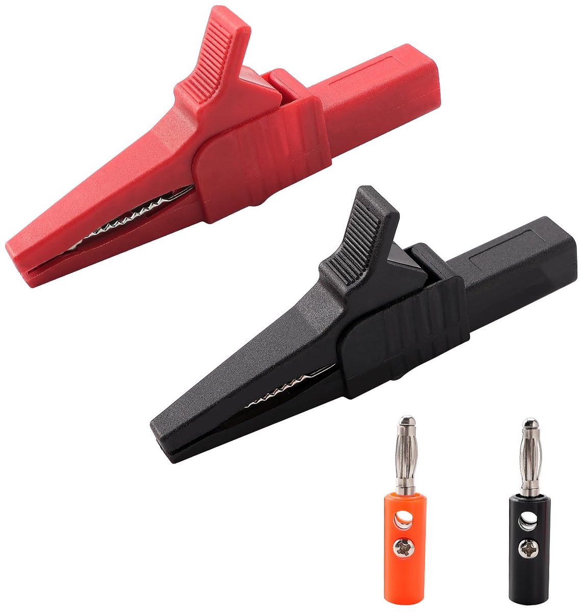 2 Stuks 32A Geïsoleerde Krokodillenklemmen med 4mm Bananenaansluiting, Krokodillentestklem, met Banaanstekkers, voor Elektrische Multimetertests, Rood Zwart