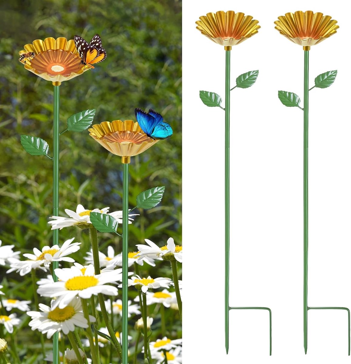 METERXITY Set van 2 bijenwaterstations, 64 cm/25 inch ijzeren bijenbad voor tuin waterfeeder, kleurrijke vlinder bad kom voor buiten/tuin/tuin decor [geel]