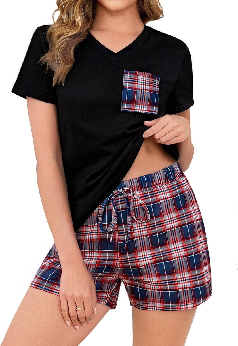 dames katoen tweedelige korte pyjama V-hals pyjama set korte mouwen en geruite shorts lichte huispyjama S-XXL