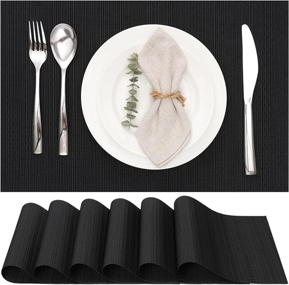 Livatto Placemats Set van 6 – Geweven Vinyl Onderleggers – Wasbaar & Hittebestendig – Zwart