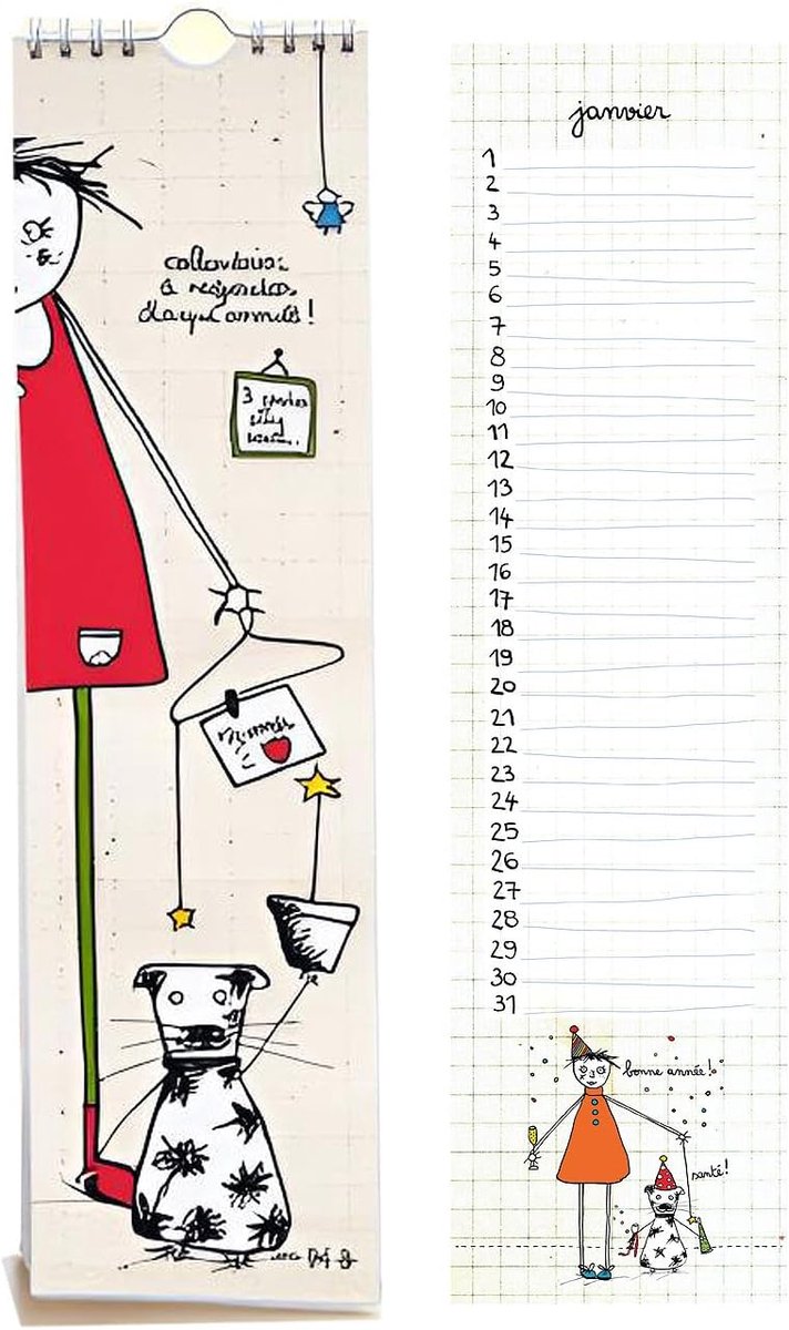 Kalender zonder jaar, wandformaat 15 x 42 cm, spiraalblok, kleurrijke humoristische illustraties, karton, 14 pagina's