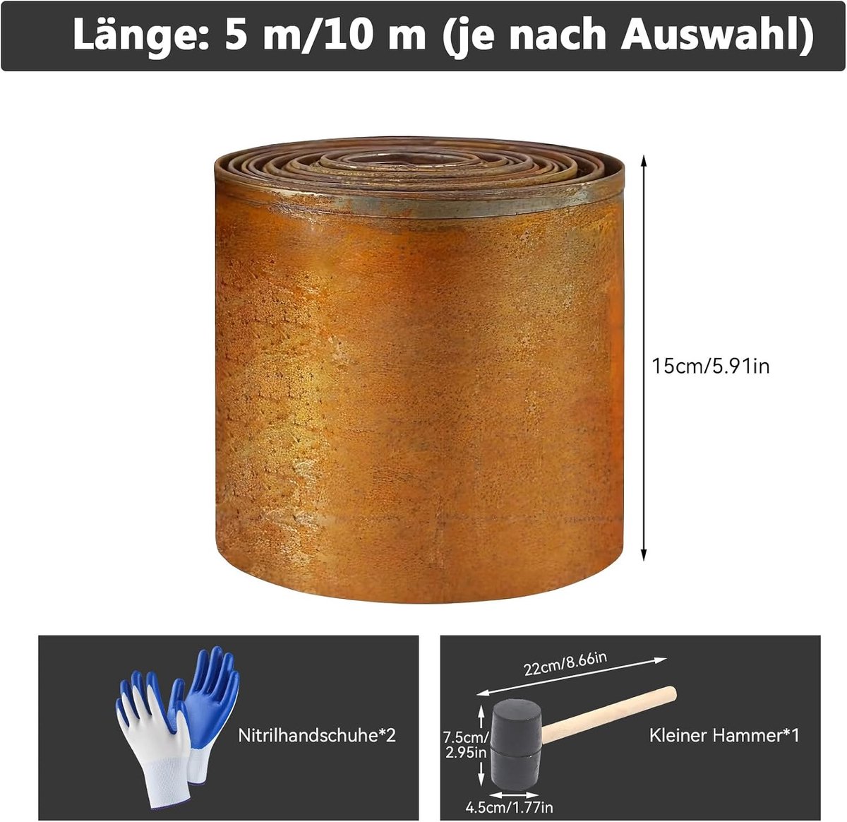Grasrand, Aartner gazonrand van cortenstaal, 15 cm hoog, bedomranding, metaal met 2 paar handschoenen, kleine hamer, borderrand met roest (recht, 5 m x 15 cm)