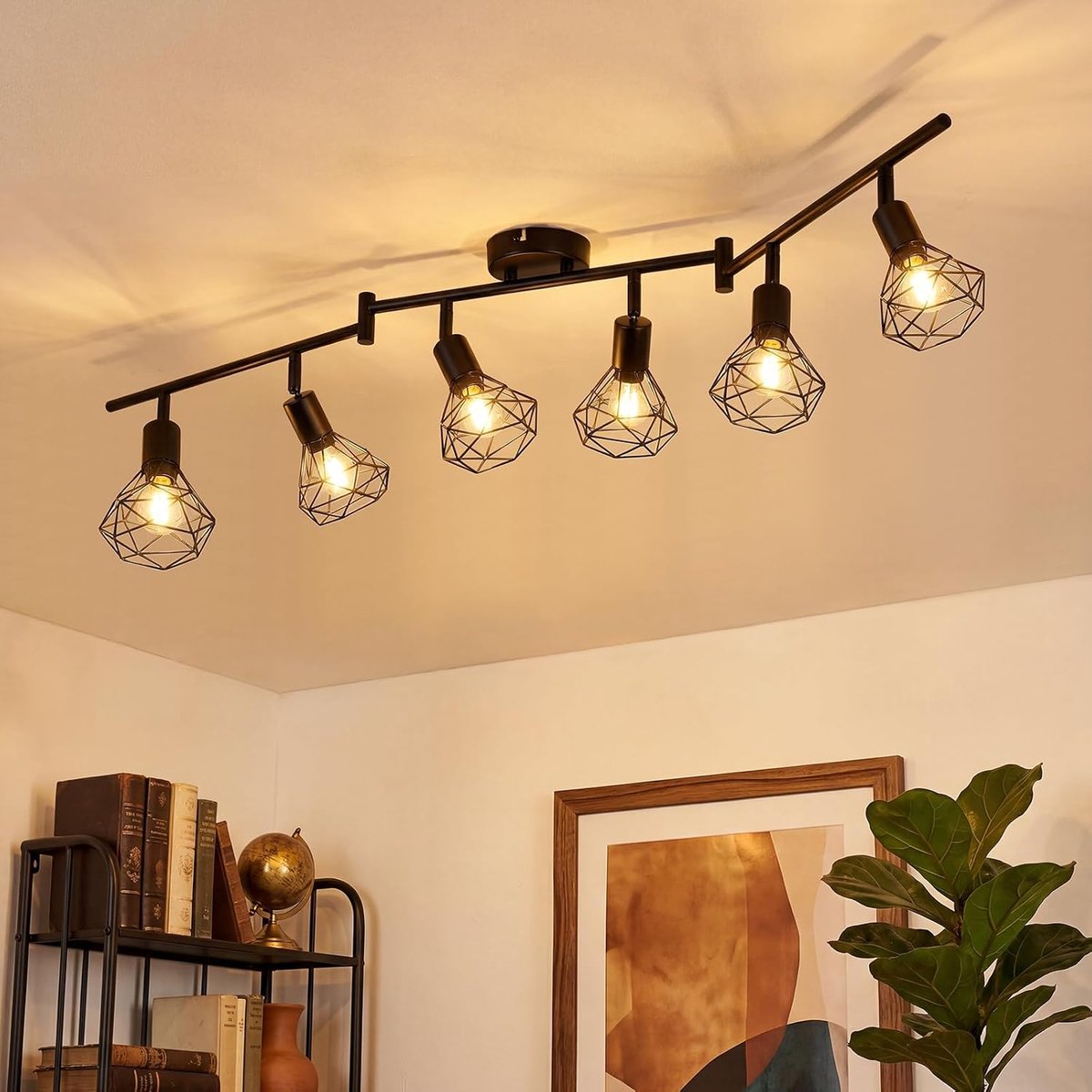 Plafondlamp, 6 spots, zwart, retro, draaibaar, E14