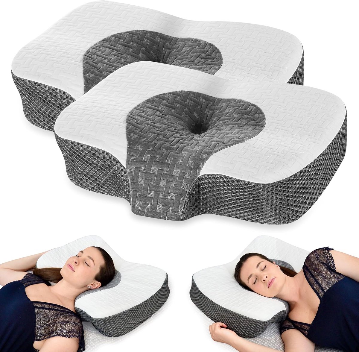2 stuks cervicaal traagschuim nekkussen voor zijslapen, orthopedische kussens voor rug- en buikslapers, verstelbaar ergonomisch bedkussen, pijnverlichting (wit)
