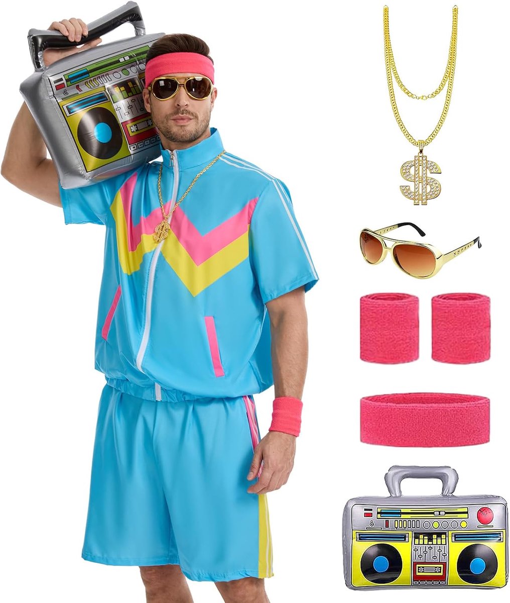 80 en 90 verkleedkleding voor heren, jaren 80 outfits - jas en shorts met korte mouwen - kostuum voor Halloween, carnaval en retrofeesten