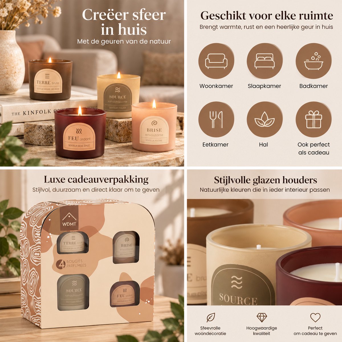 Geurkaarsen Cadeauset 4 Stuks – Geurkaarsen in Glas – 4 Verschillende Geuren – Luxe Kaarsen Geschenkset – Woondecoratie & Cadeau — cadeau in Wonen & Interieur - foto 2