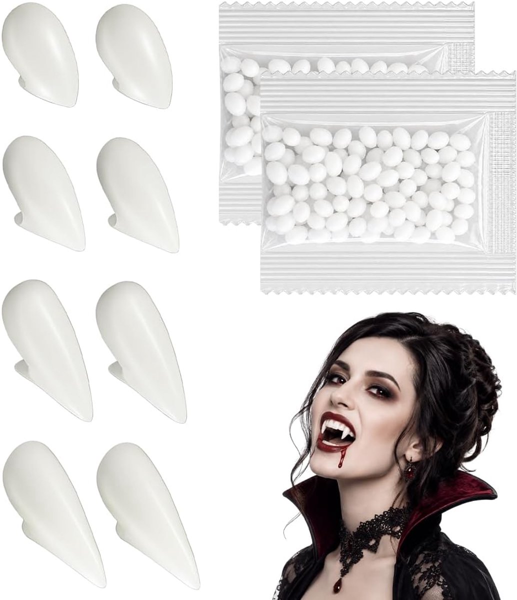 4 koppelt vampiertanden, vampierkostuum voor Halloween, tandkunstgebitten, halloweenkostuumfeestaccessoires met tandkorrellijm voor Halloween-feestcosplay