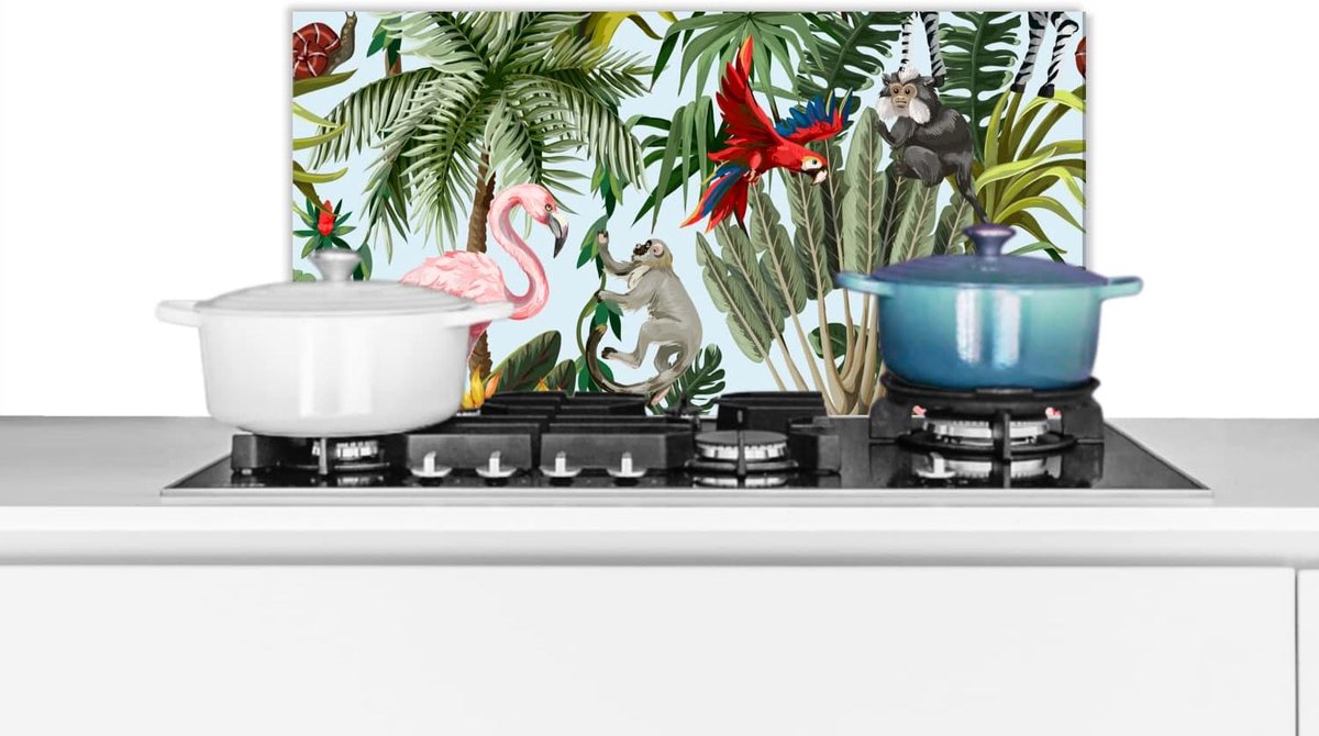 Spatscherm Keuken - 60x30 cm - Jungle - Dieren - Meisjes - Kinderen - Jongens - Flamingo - Papegaai