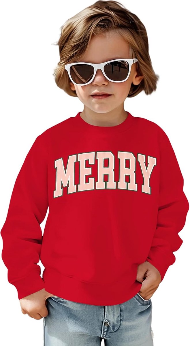 C&M WODRO Kersttrui voor kinderen, Merry Print, kersttrui, uniseks, voor jongens en meisjes, kleding, katoen, ronde hals, lange mouwen, kerstfeest, pullover voor broers en zussen, wintertrui