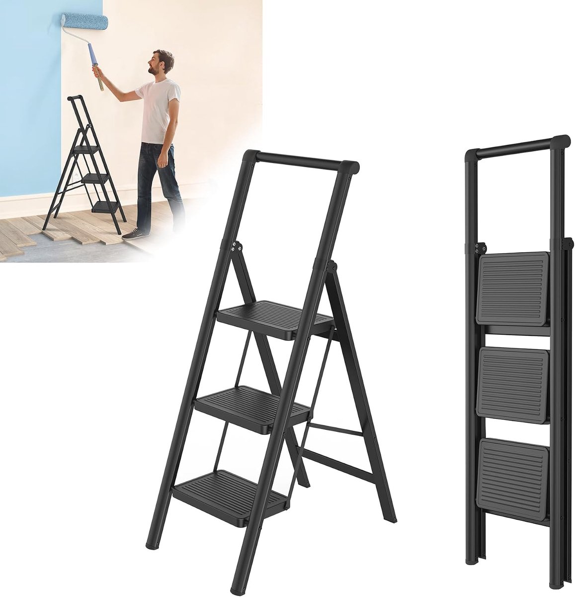 Ladder 3-traps opvouwbare, antislip vrijstaande ladder, ijzeren ladder, opvouwbare multifunctionele ladder met handgreep, trapladder, huisladder voor gebruik in huis, keuken en op