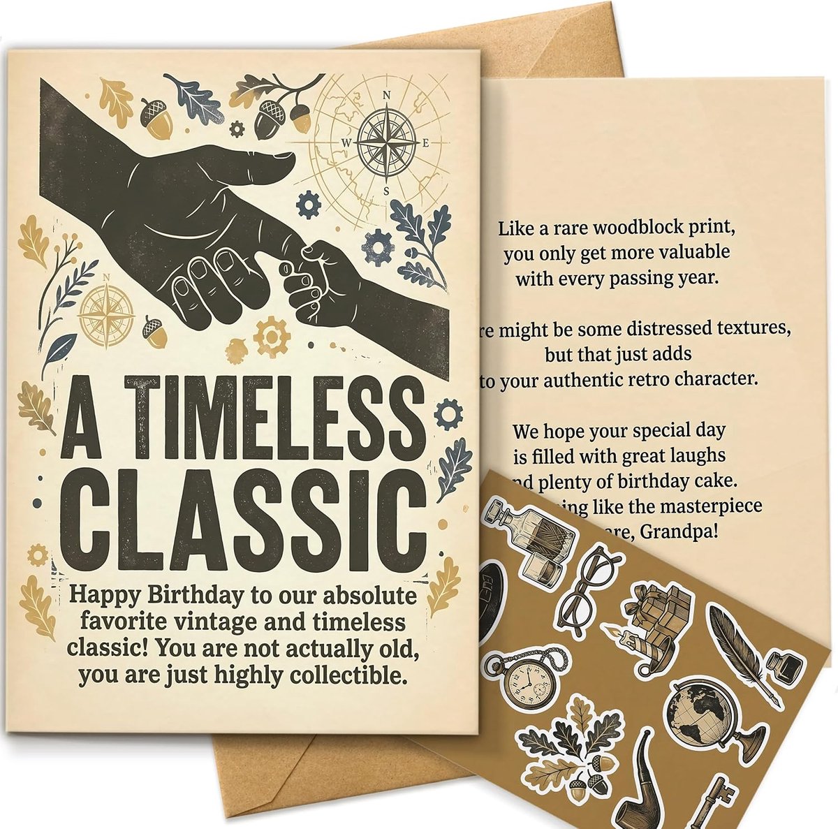 verjaardagskaart voor opa, humoristische vintage retro thema-wenskaart voor grootvader, standaard A5-formaat - dubbelzijdig bedrukt origineel ontwerp met kraftpapier envelop en