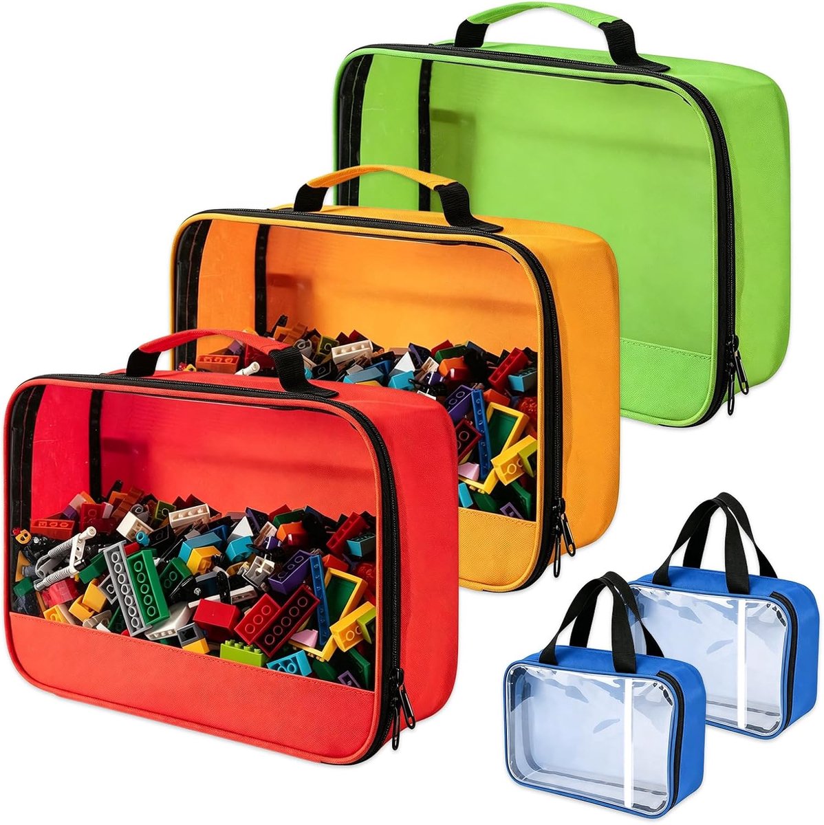 5 stuks opbergzakken van pvc, opbergtas met sluiting en scheidingswand van rooster, voor bouwstenen, puzzels en auto's, waterdichte organizerzakken