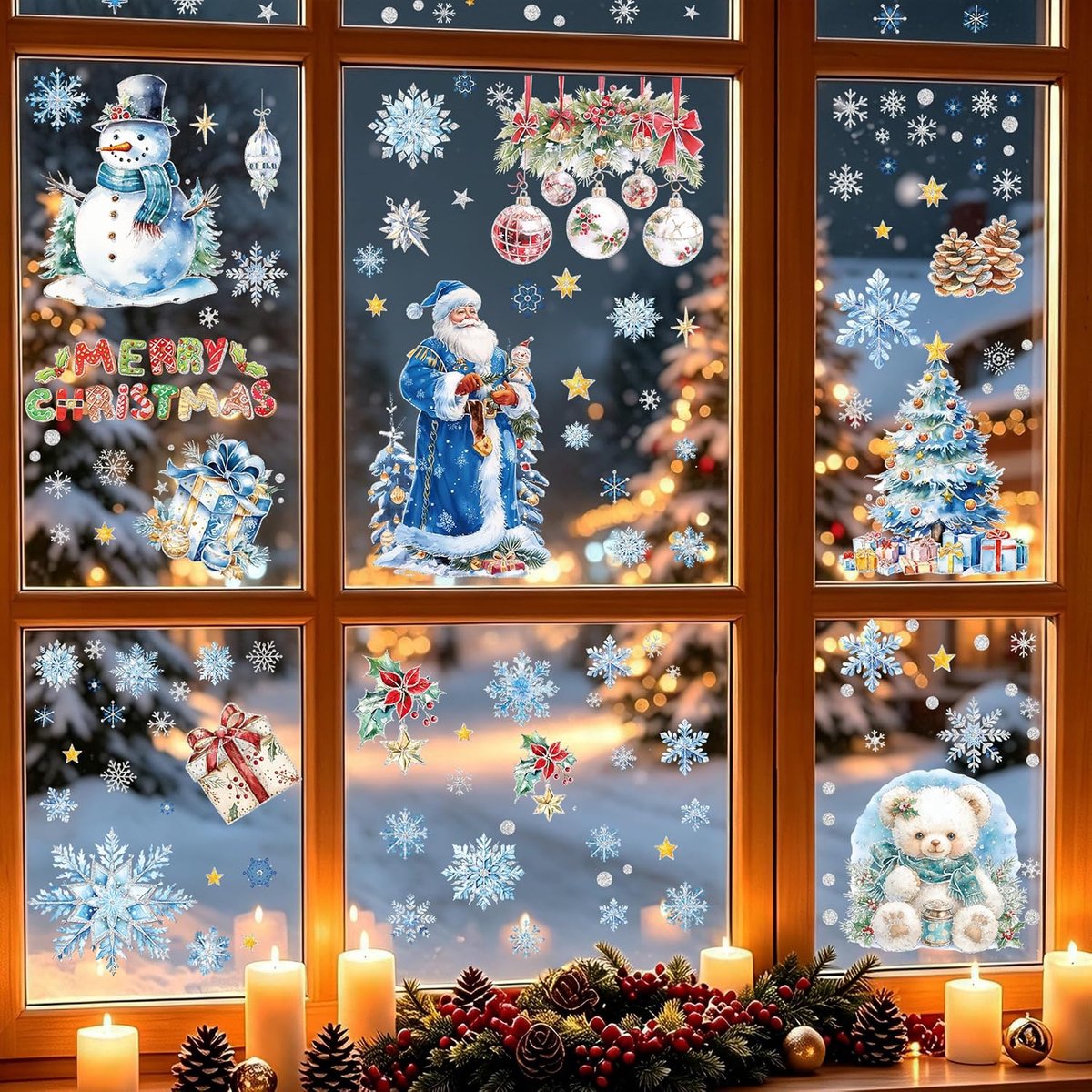 Raamstickers - 174 stuks met blauwe strikken, kerstman, sneeuwpop, bomen, herbruikbaar voor kinderkamers en kerstversieringen