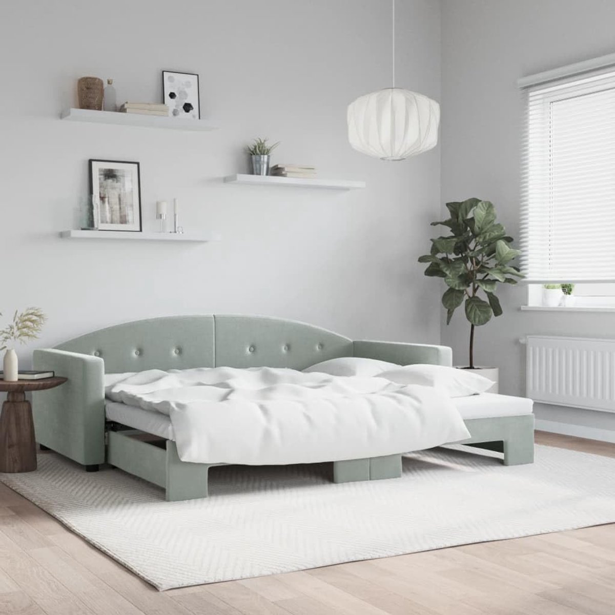 Dagbed in lichtgrijs 90 x 190 cm fluwelen stof, als 2-in-1 slaapbank met rolkast voor gasten, modern design met zacht velours en stabiel