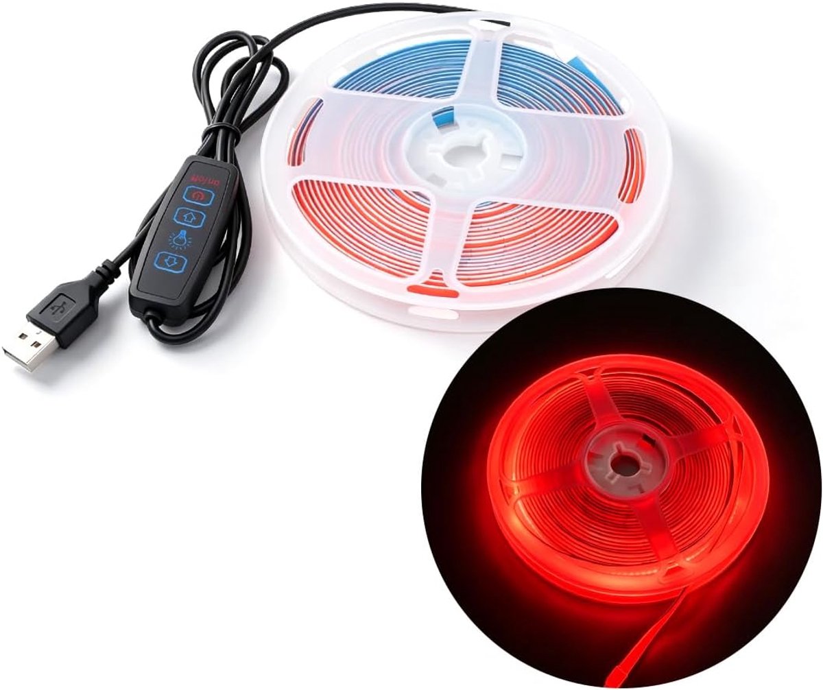 5M COB LED lichtstrook, 5mm breedte 5V rode 400LEDs / m lichtstrook, USB-connector met dimknop