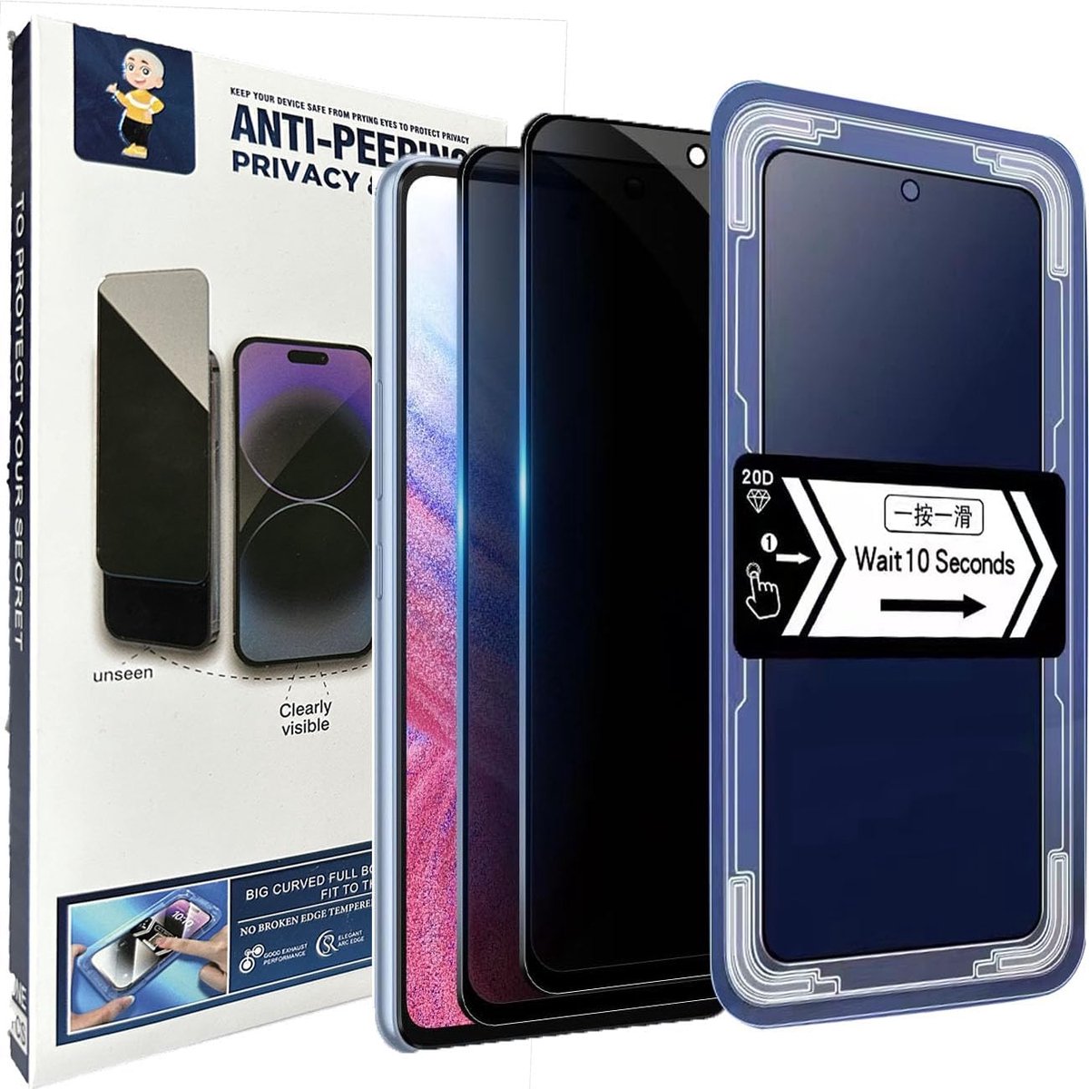 Beschermfolie voor Samsung Galaxy A53 5G/ A52s 5G / A52 5G, privacybescherming, anti-spaaien, beschermglas, privacy, displaybeschermfolie met positioneringshulp, 9H gehard glas, privacyfolie