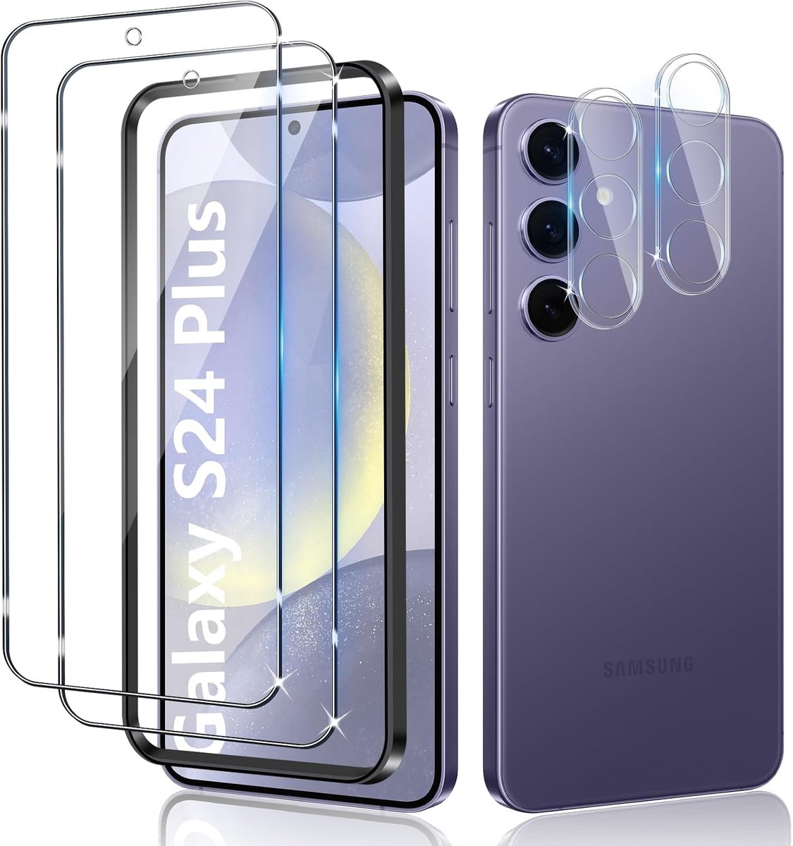 Beschermfolie voor Samsung Galaxy S24 Plus 5G voor pantserglas, 2 stuks pantserbescherming, glasfolie met 2 stuks camerabescherming, 9H pantserfolie, ultra-helder beschermglas, displayfolie