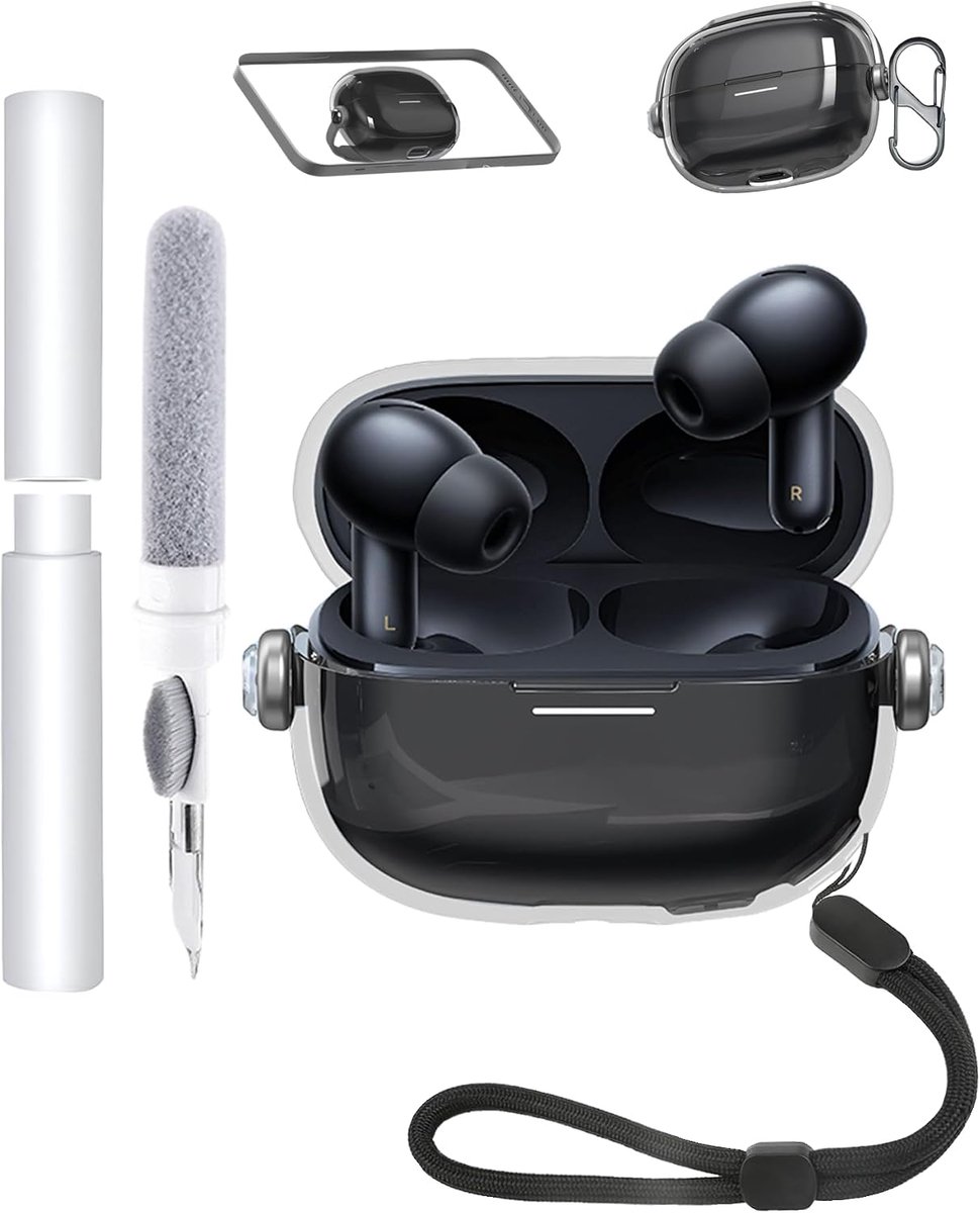Hoes voor Xiaomi Redmi Buds 6 Pro, zachte TPU-hoes, waterdicht, schokbestendig, krasbescherming, eenvoudig te dragen, met koord, sleutelhanger, reinigingskit (transparant zwart)