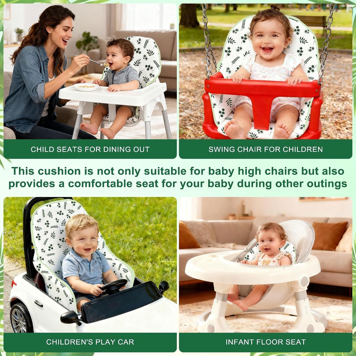 Kinderstoelkussen, Voor Antilop-Kussen, Met Stoeltas, Voor IKEA Antilop Kinderstoel, Katoen Antislip, Zacht, Babyzittend Comfortabeler (Groen Bladpatroon) – foto 2