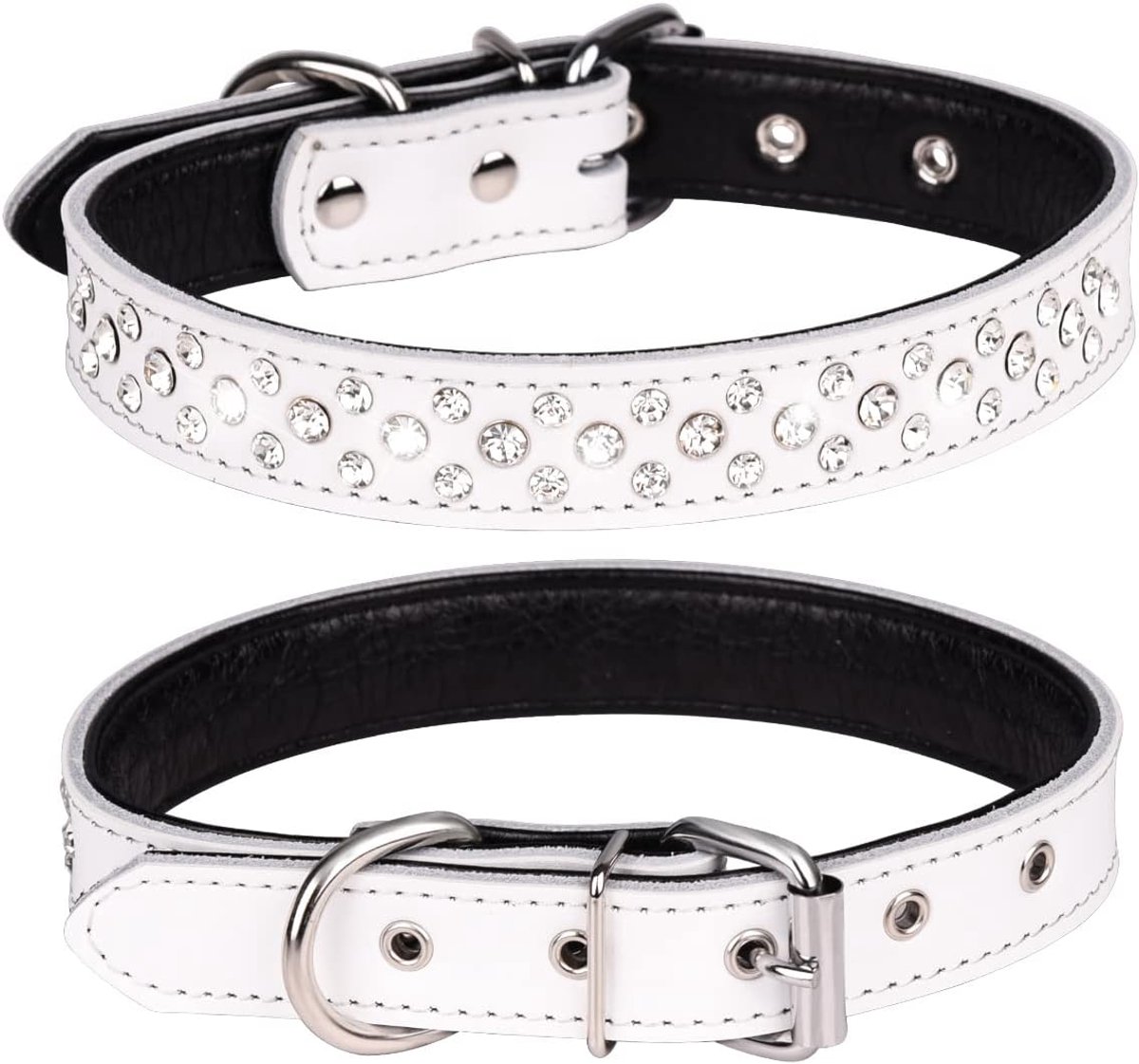 Hondenhalsband met strass-steentjes, verstelbaar, glinsterende kristallen klinknagels, echt leer, huisdierhalsband voor kleine en middelgrote honden (M, wit)