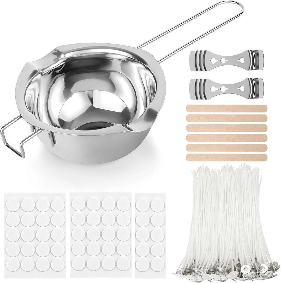 Kaars maken kit voor volwassenen - roestvrijstalen verwarmingskan 400 ml, kaarslolken, metalen centreerapparaat, stickers, houten roerstaaf voor volwassenen beginners wax meltkit