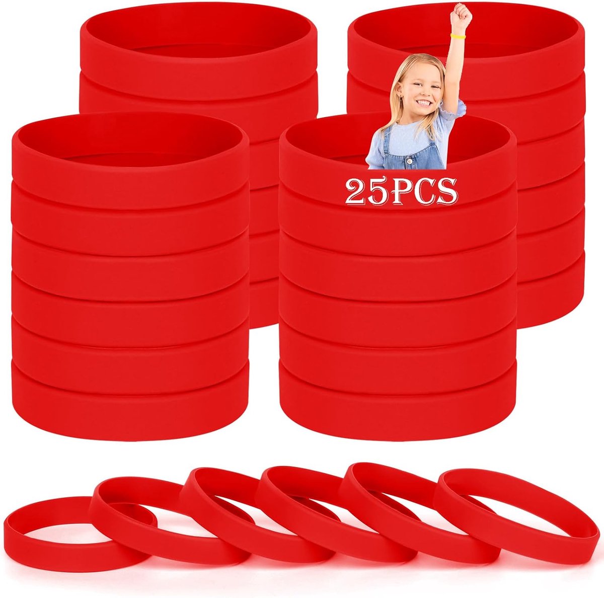 Polsbandjes voor kinderen, 25 stuks rode rubberen polsbandjes voor kinderen, blanco polsbandjes, universele polsbandenset voor kinderen, kinderen, kindertuin, teamsport (geschikt