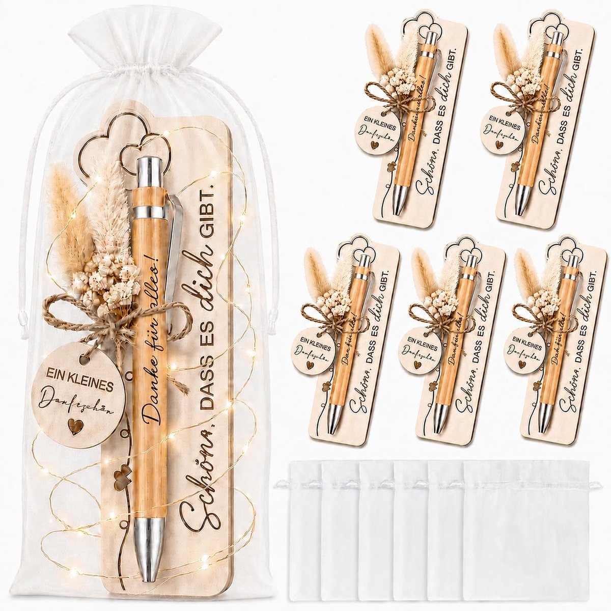 Set van 6 bedankgeschenken met houten balpen en houten bord