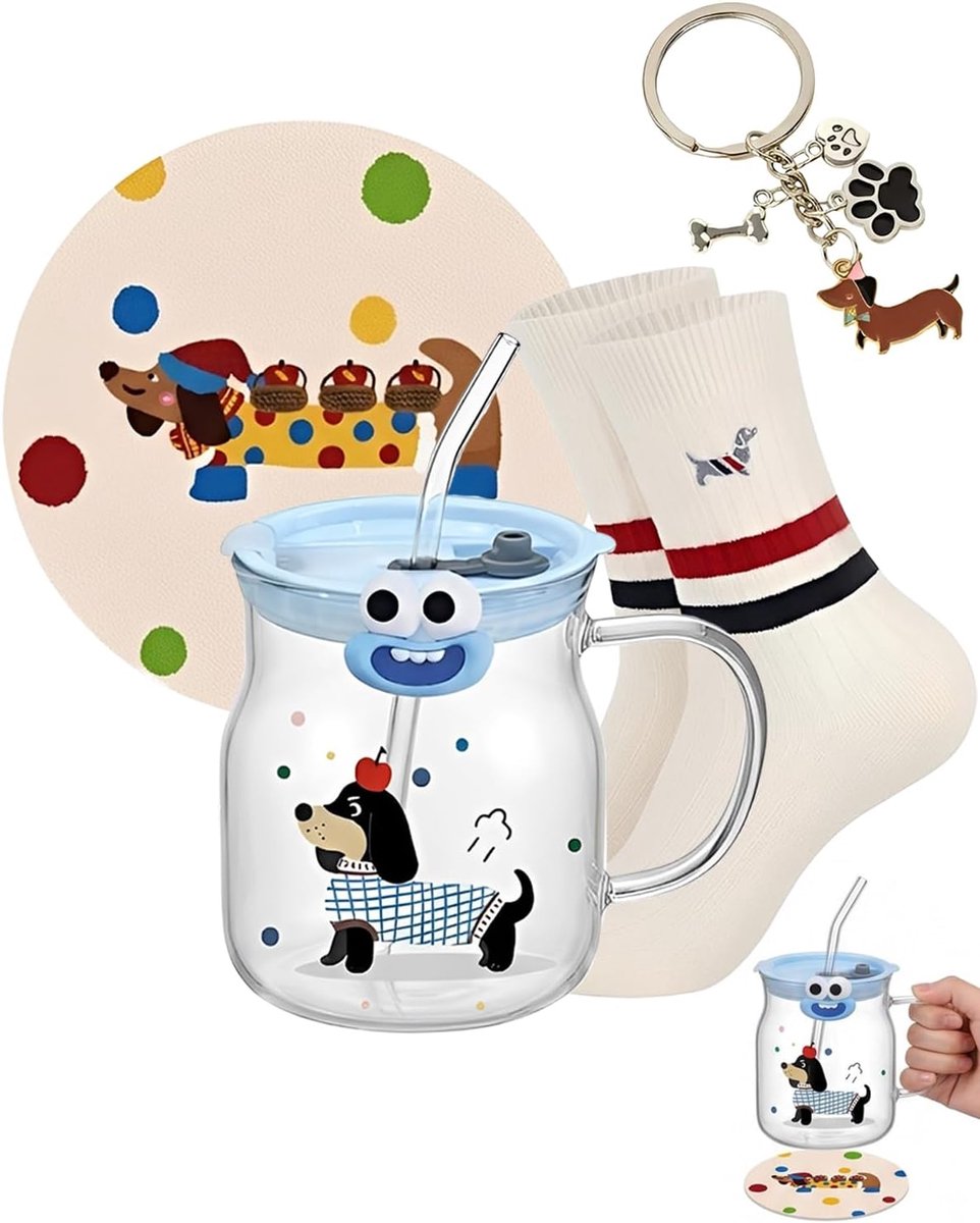 Cadeauset 4-delig - 600 ml teckel beker glas met deksel en rietje, onderzetter, sokken, sleutelhanger, teckel geschenken voor koffie, thee en ijskoffie