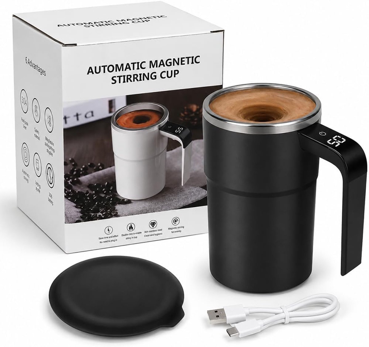 Melange beker, 380 ml, koffiemok, magnetische melange mok met temperatuurweergave, navulbare mixer voor koffie, melk en cacao, zwart