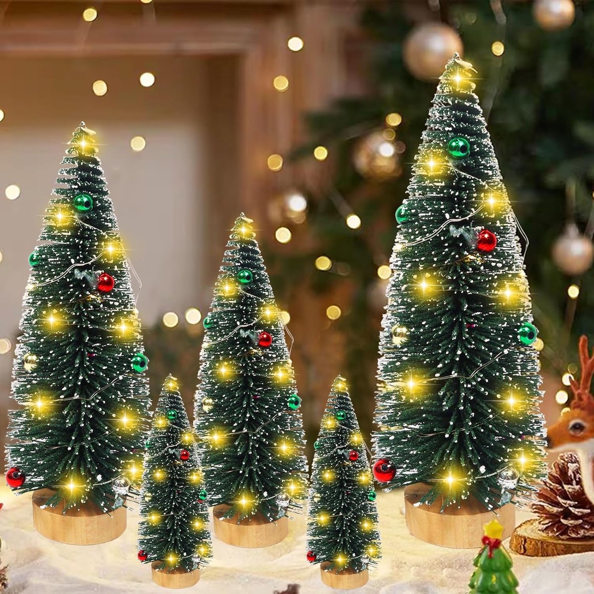 Kerstboom met verlichting, 5 stuks led-kerstboom, klein, mini-kerstboom, kunstdennenboom, kunstkerstboom met led-lichtsnoeren, mini-dennenboom, kersttafeldecoratie