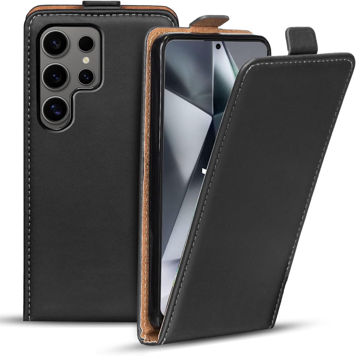 Flip Cover voor Samsung Galaxy S24 Ultra Case, Flipstyle beschermhoes voor Samsung S24 Ultra hoes tas verticaal inklapbaar telefoonhoes, zwart