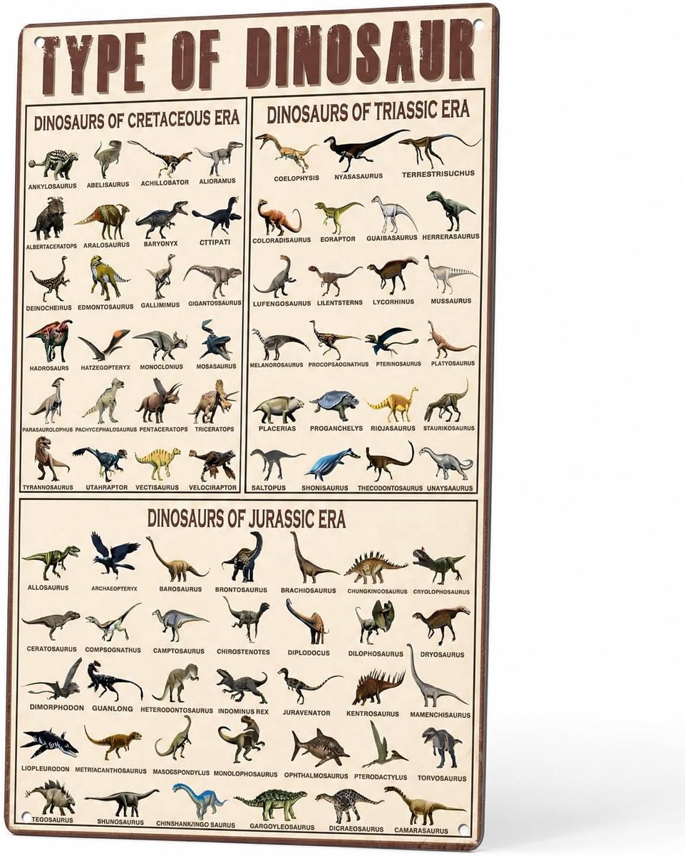 Metaalbord "Type Dinosaurus" | Educatieve Prehistorische Wanddecoratie | Vintage Poster van Blik voor Kinderkamer, Klaslokaal en Liefhebbers