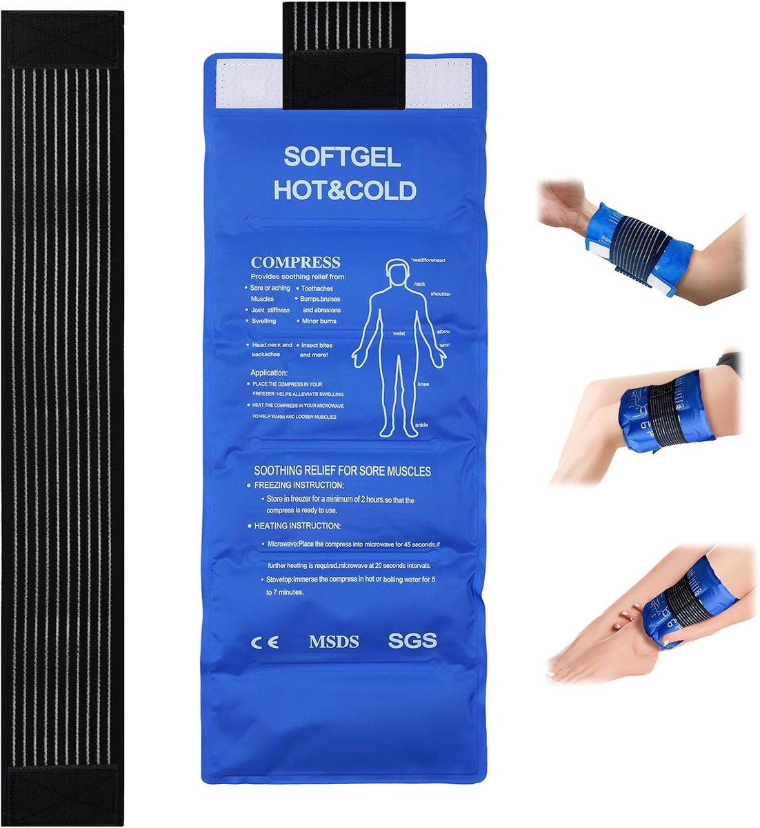 Herbruikbare Gel Ice Pack - Pijnverlichting Ice Pack met riem voor schouder, elleboog, knie, enkel, Verstelbare koude compressie Wrap voor sportletsels, spanningen, zwelling