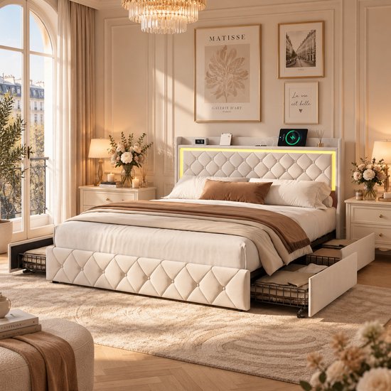 Beige fluwelen tweepersoonsbed met gewatteerd hoofdbord met ledverlichting en open lades. Een vrouw zit op het bed met tablet.