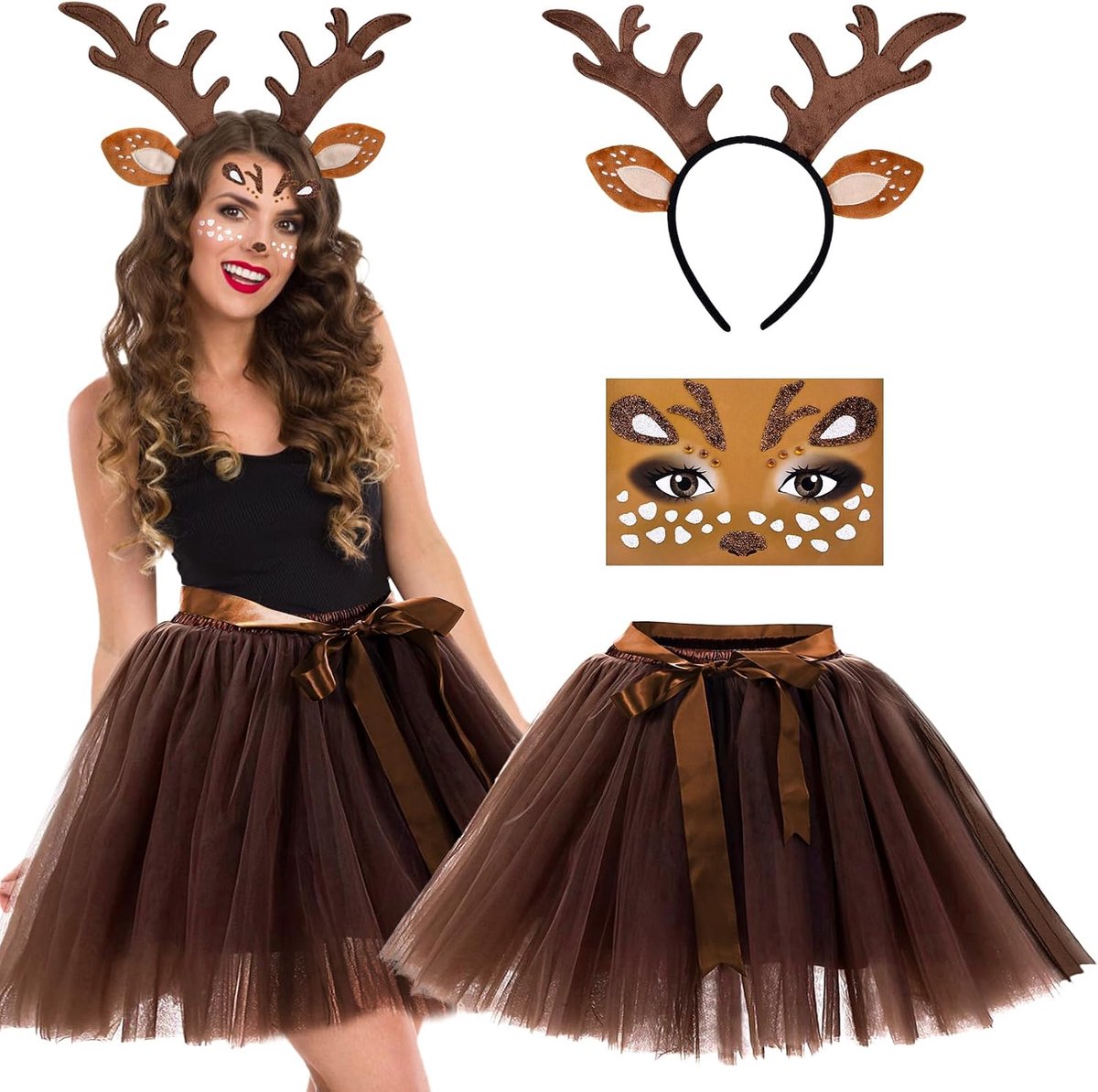 Rendierkostuum voor dames, rendieroren, rendierjurk voor dames, tattoo, rendierkostuums voor meisjes en vrouwen, voor carnaval, Kerstmis, cosplay, party, Halloween