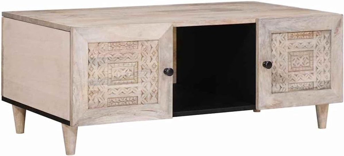 Houten salontafel met plank in beige 100 x 54 x 40 cm van acacia massief hout salontafel voor woonkamer met ruime opbergruimte