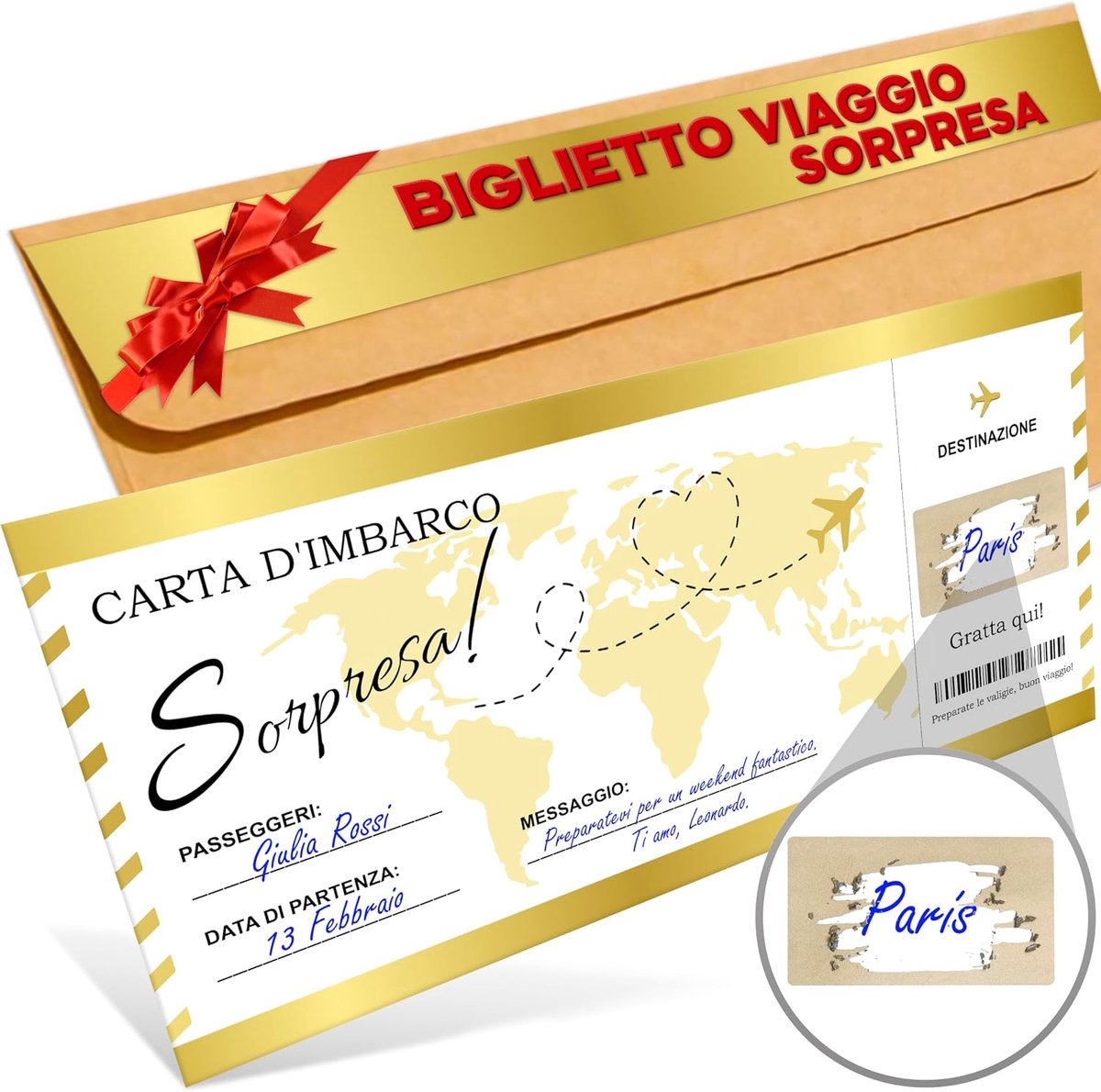 Verrassingsreis, kraskaart, cadeaus voor reizigers, instapkaart, gepersonaliseerd cadeau, cadeau voor koppels, romantisch cadeau (Italiaans, 1)